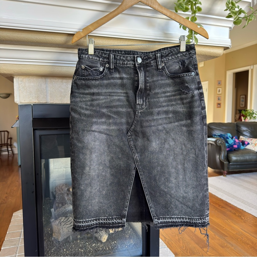 Washed Black Denim Pencil Skirt with Front Slit
